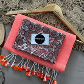 Peach Handloom Khadi Cotton Saree With Orange Mango Print Blouse